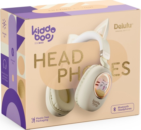 Kiddoboo Delulu, słuchawki bezprzewodowe z podświetleniem LED beżowe, kocie uszy, mikrofon