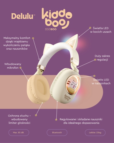 Kiddoboo Delulu, słuchawki bezprzewodowe z podświetleniem LED beżowe, kocie uszy, mikrofon