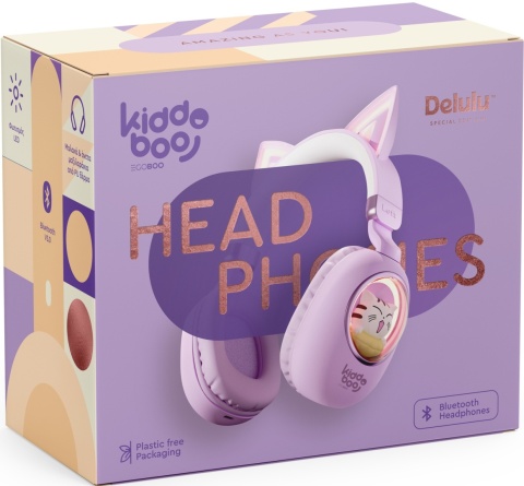 Kiddoboo Delulu, słuchawki bezprzewodowe z podświetleniem LED, kocie uszy, fioletowe mikrofon