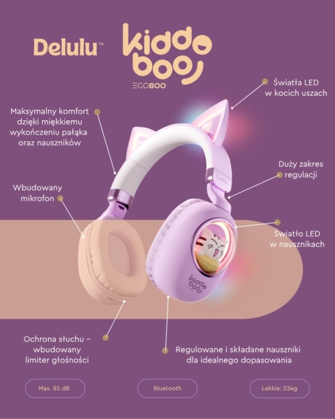 Kiddoboo Delulu, słuchawki bezprzewodowe z podświetleniem LED, kocie uszy, fioletowe mikrofon
