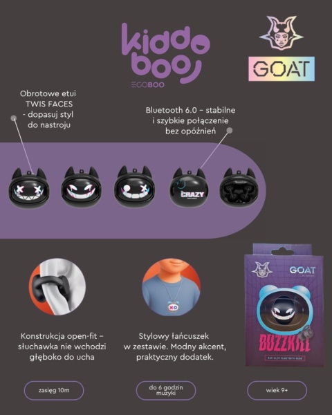 Kiddoboo GOAT Earbuds Buzzkill słuchawki bezprzewodowe, mikrofon, lekkie, etui-wisiorek 9+