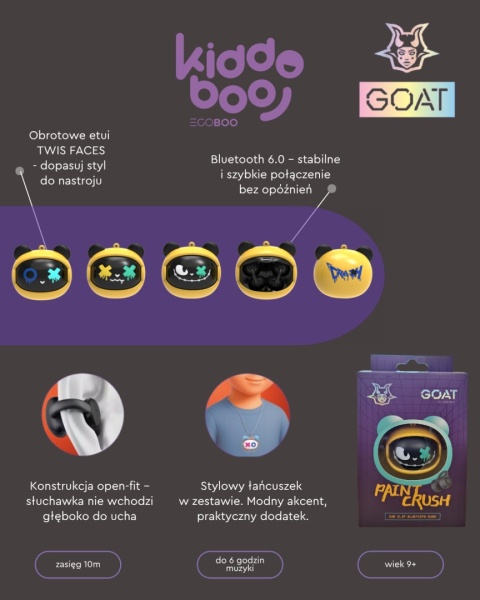 Kiddoboo GOAT Earbuds Paintcrush słuchawki bezprzewodowe, mikrofon, lekkie, etui-wisiorek 9+