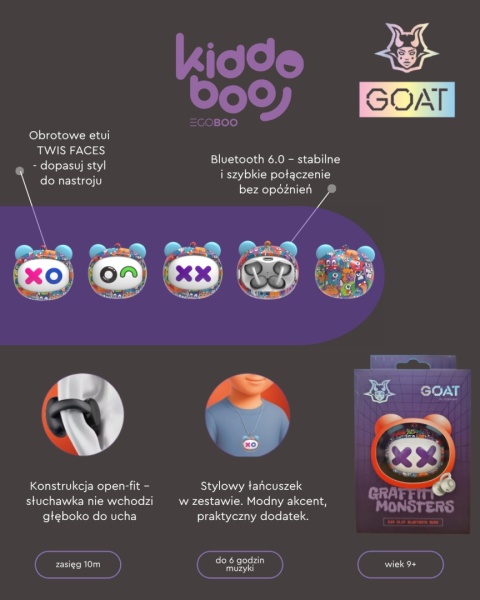 Kiddoboo GOAT Earbuds Graffiti słuchawki bezprzewodowe, mikrofon, lekkie, etui-wisiorek 9+