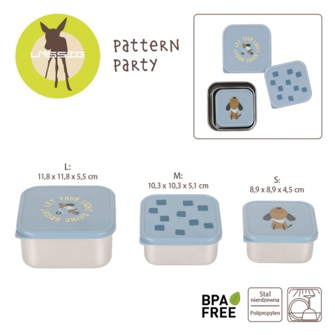 Lassig Pojemnik na przekąski snackbox ze stali nierdzewnej 3 szt. Pattern Party blue