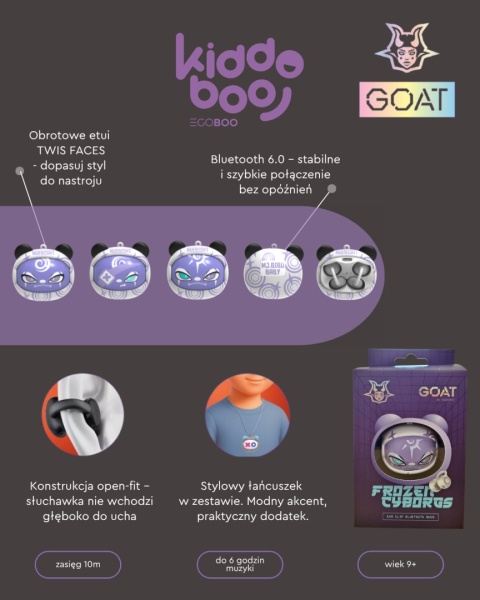 Kiddoboo GOAT Earbuds Frozen Cyborgs słuchawki bezprzewodowe mikrofon lekkie etui-wisiorek 9+