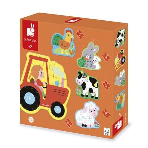 Janod Puzzle progresywne 5 układanek - 2, 4, 6, 8 i 10 el. Farma 2+